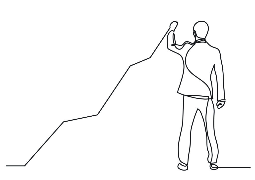 continuous line drawing of business situation - standing businessman drawing rising diagram