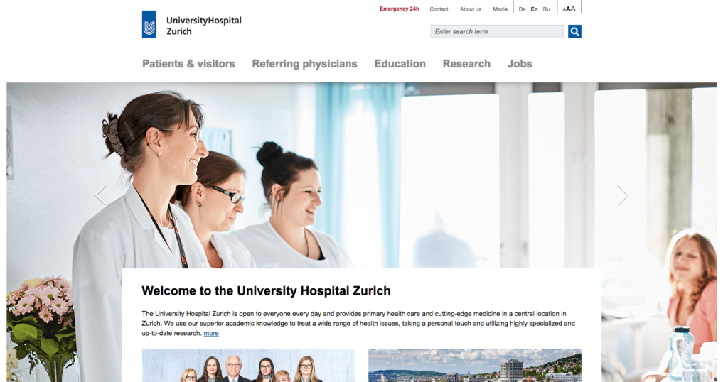 University Hospital of Zurich Website Homepage