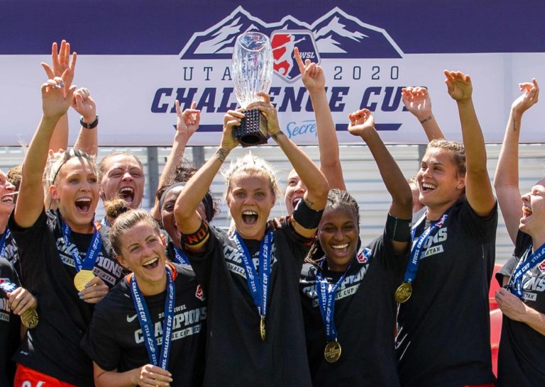 NWSL Challenge Cup Winners with Trophy